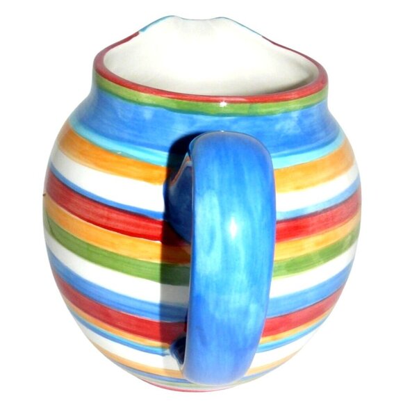 Colorful Hand-painted Ceramic Pitcher With Striped Design & Blue Handle By Home - Picture 2 of 6